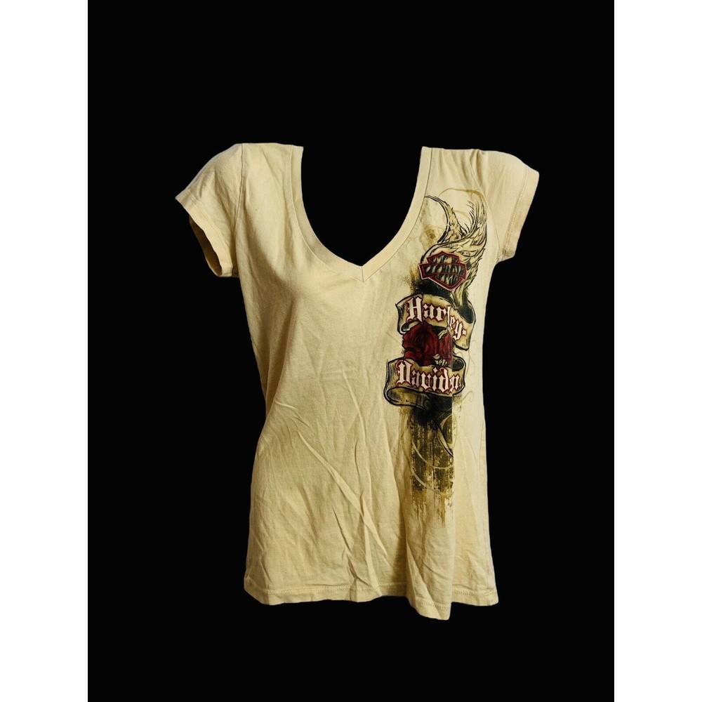 Harley Davidson Sz Small Yellow Floral Graphic V-Neck Tee Shirt Womens